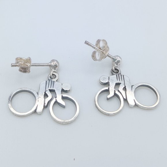 Vintage Sterling Silver Bicycle Bike Rider Dangle Post Earrings - SIGNED! - Picture 2 of 10
